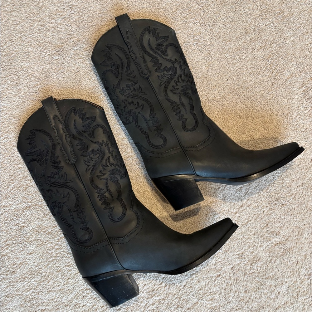 Jeffrey Campbell Black Heeled Boots with Western Stitching